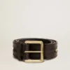 Ceinture noire pour femme en cuir délavé avec clous dorés