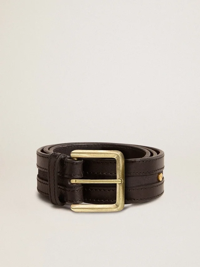 Ceinture noire pour femme en cuir délavé avec clous dorés