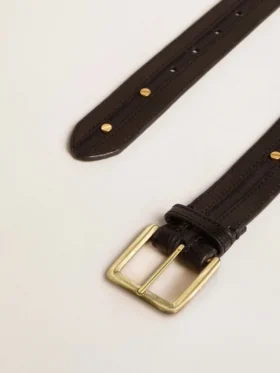 Ceinture noire pour femme en cuir délavé avec clous dorés
