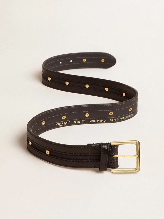 Ceinture noire pour femme en cuir délavé avec clous dorés