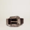 Ceinture pour femme en cuir noir avec boucle décorée argentée