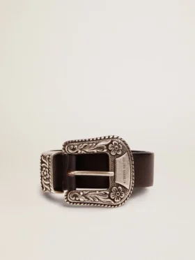 Ceinture pour femme en cuir noir avec boucle décorée argentée