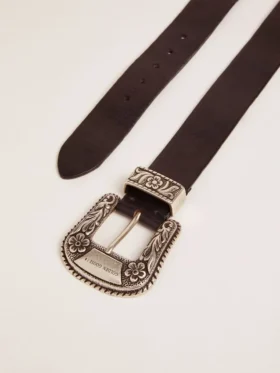 Ceinture pour femme en cuir noir avec boucle décorée argentée