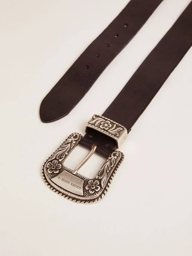 Ceinture pour femme en cuir noir avec boucle décorée argentée