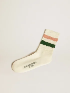 Chaussettes blanc délavé avec détails vieillis et rayures roses et vertes