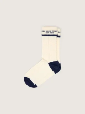 Chaussettes blanc délavé avec revers et détails bleu foncé