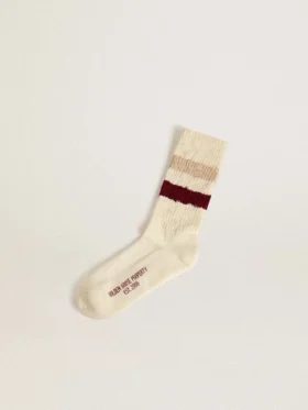 Chaussettes blanches délavées avec détails vieillis et rayures beiges et bordeaux