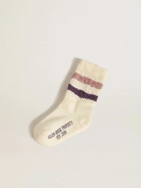 Chaussettes blanches pour enfants à rayures roses et violettes