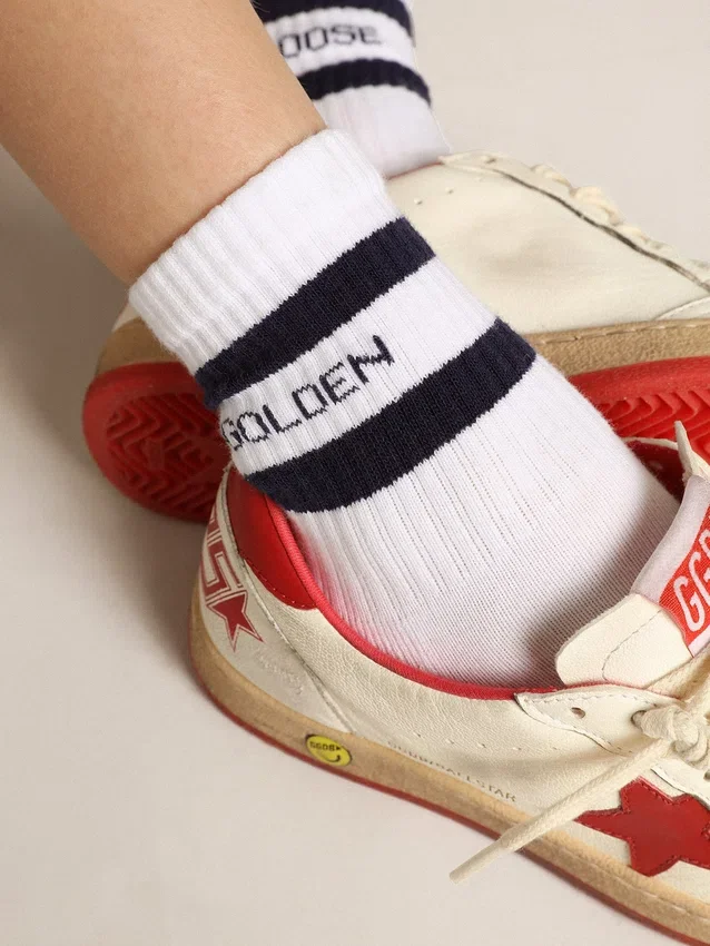 Chaussettes côtelées à rayures bleu marine et logo