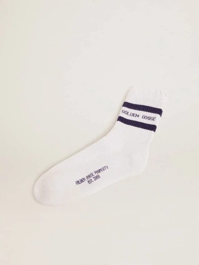Chaussettes en coton aux finitions usées, à rayures bleues et logo