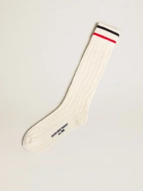 Chaussettes longues côtelées, blanc vintage, à rayures bicolores