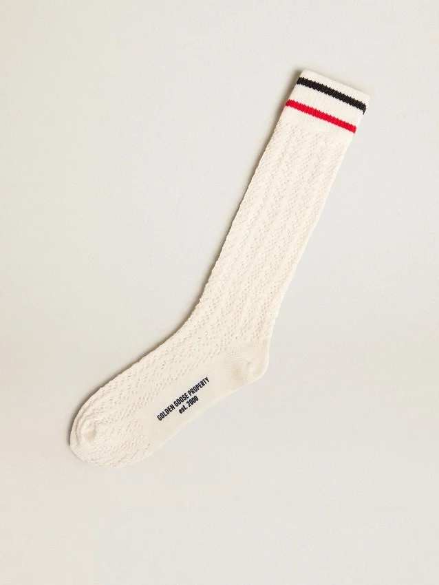 Chaussettes longues côtelées, blanc vintage, à rayures bicolores