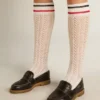 Chaussettes longues côtelées, blanc vintage, à rayures bicolores