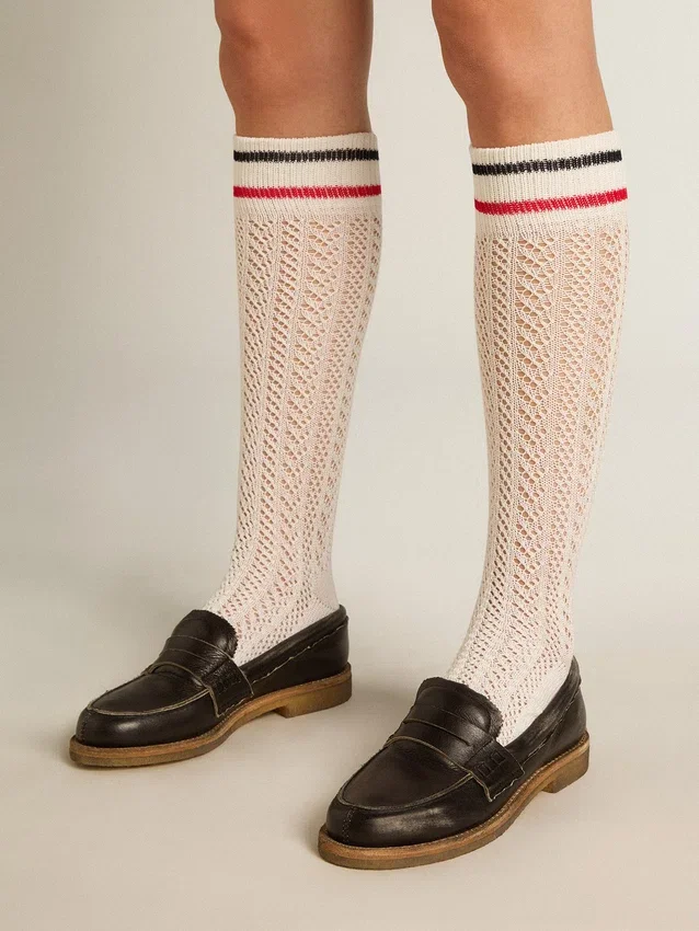 Chaussettes longues côtelées, blanc vintage, à rayures bicolores