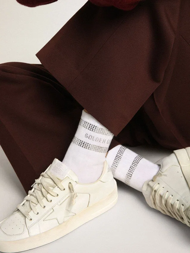 Chaussettes unisexes en coton blanc ornées de cristaux décoratifs