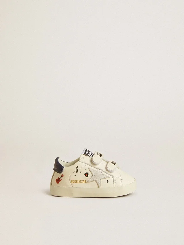 Chaussures d'école pour bébé en cuir nappa avec imprimé musical et étoile en daim blanc
