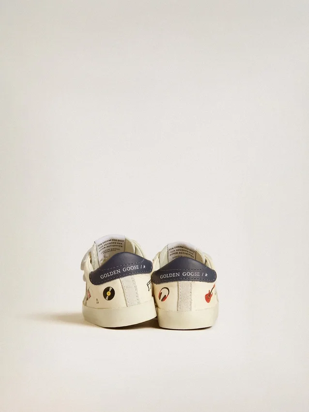 Chaussures d'école pour bébé en cuir nappa avec imprimé musical et étoile en daim blanc