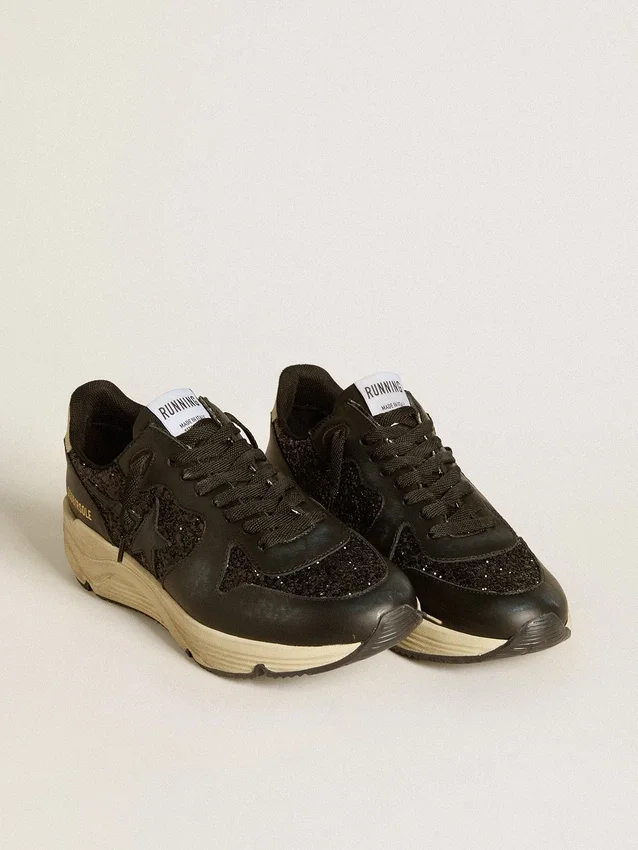 Chaussures de course pour femme « Running Sole » en paillettes noires avec étoile en cuir et languette de talon en nubuck