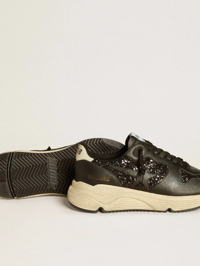 Chaussures de course pour femme « Running Sole » en paillettes noires avec étoile en cuir et languette de talon en nubuck