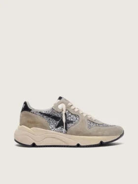 Chaussures de course pour femme « Running Sole » en suède gris tourterelle et paillettes argentées