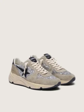 Chaussures de course pour femme « Running Sole » en suède gris tourterelle et paillettes argentées