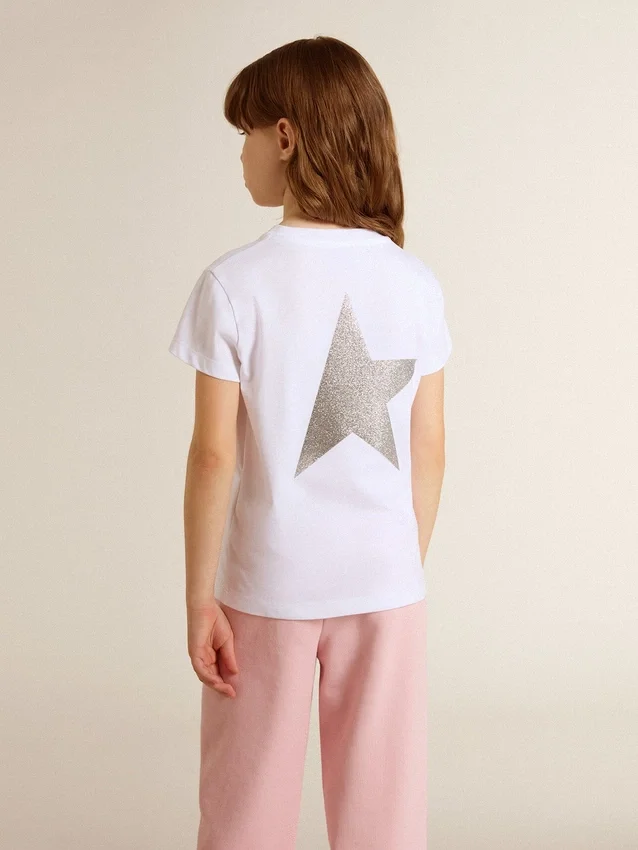 Chemise blanche et argentée avec logo et grande étoile en paillettes argentées
