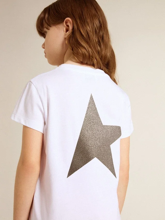 Chemise blanche et argentée avec logo et grande étoile en paillettes argentées