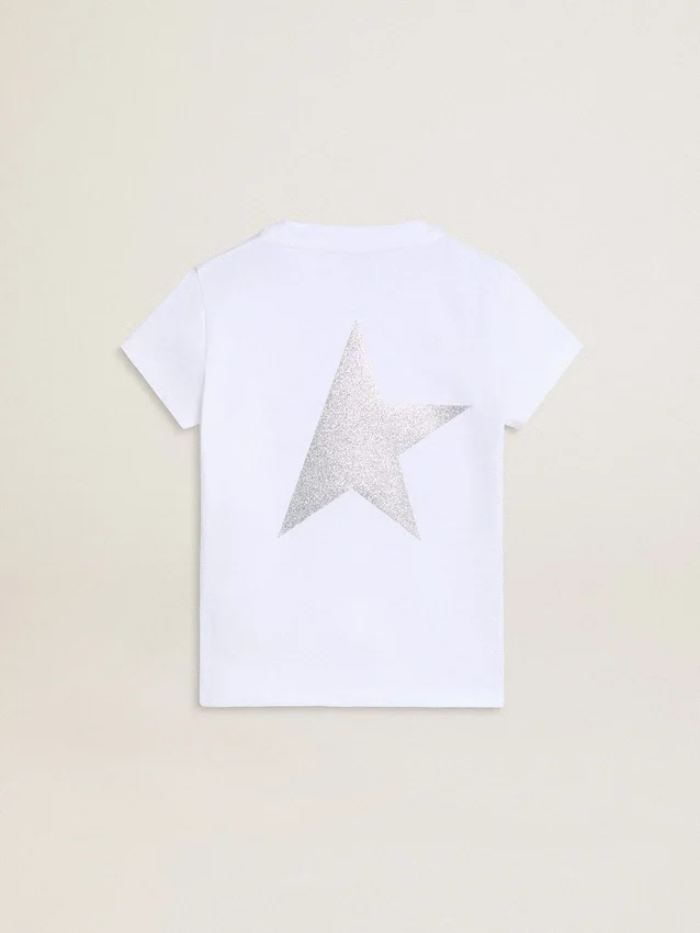 Chemise blanche et argentée avec logo et grande étoile en paillettes argentées