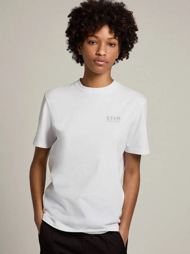 Chemise blanche pour femme avec logo pailleté argenté et étoile