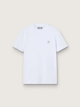 Chemise blanche pour femme avec une étoile pailletée argentée sur le devant