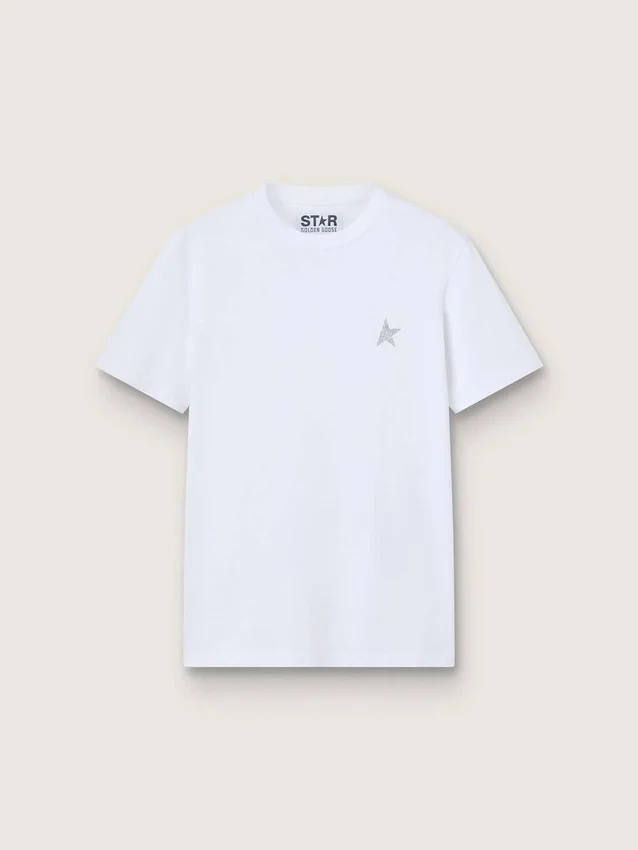 Chemise blanche pour femme avec une étoile pailletée argentée sur le devant