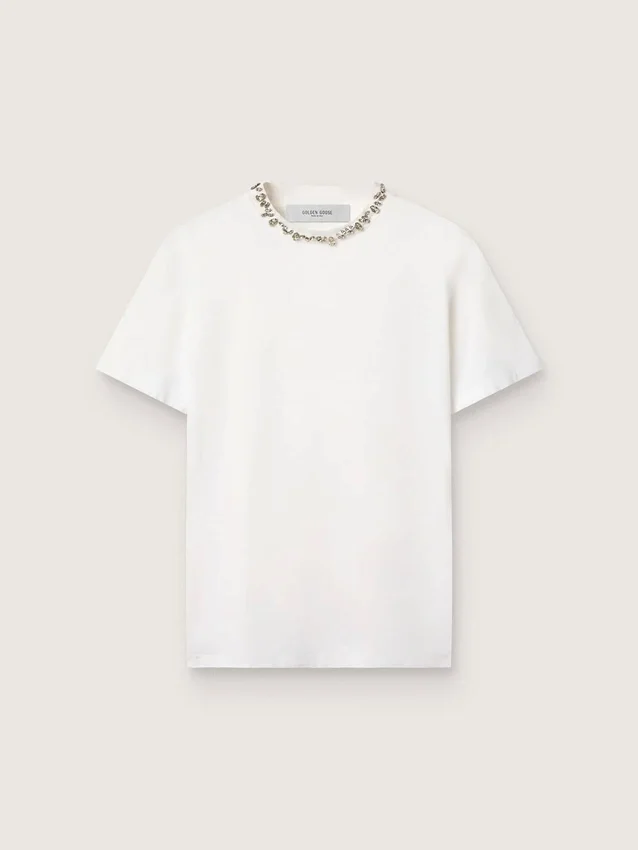 Chemise blanche pour femme ornée de cristaux cabochons