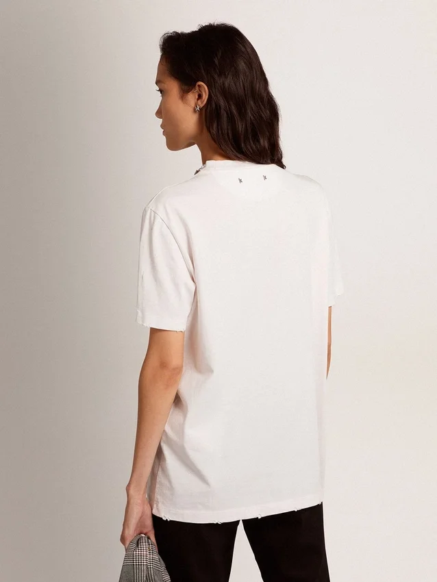 Chemise blanche pour femme ornée de cristaux cabochons
