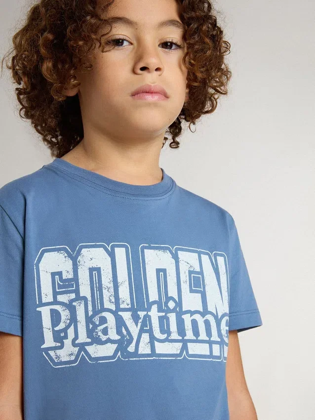 Chemise bleu pour garçon avec imprimé blanc