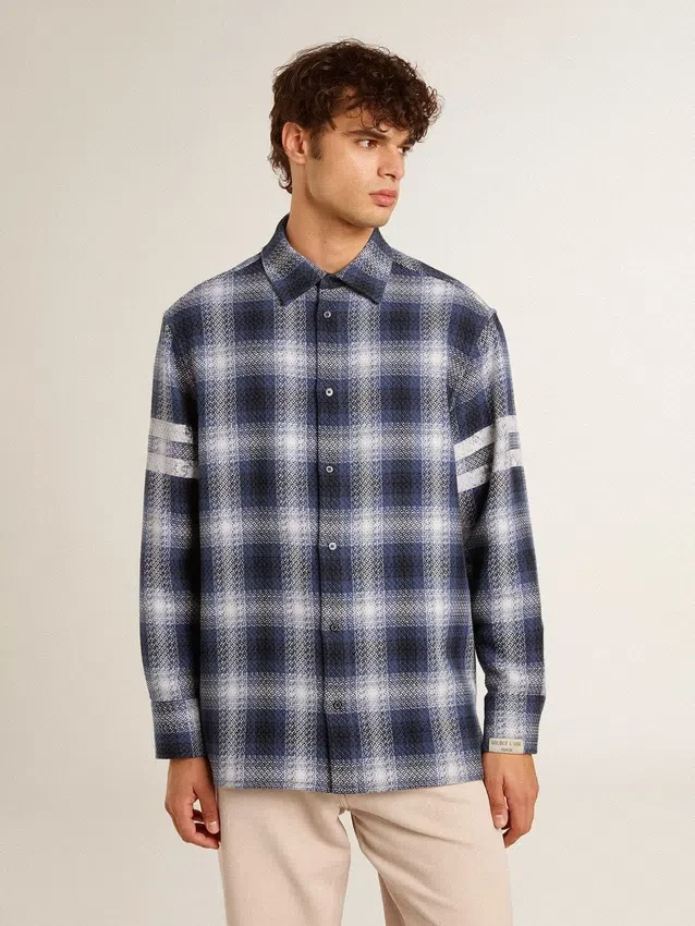 Chemise bleue à carreaux 3D pour homme avec imprimé dans le dos