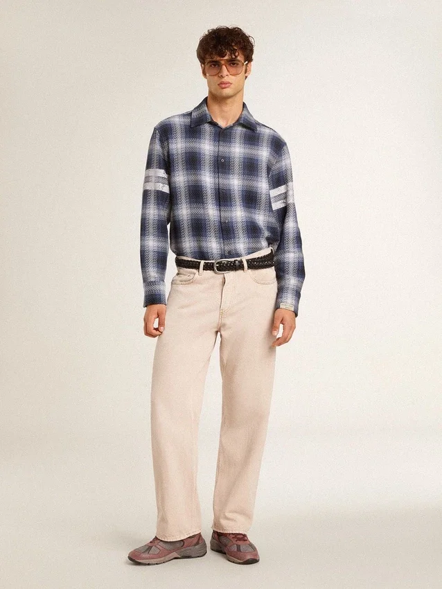 Chemise bleue à carreaux 3D pour homme avec imprimé dans le dos