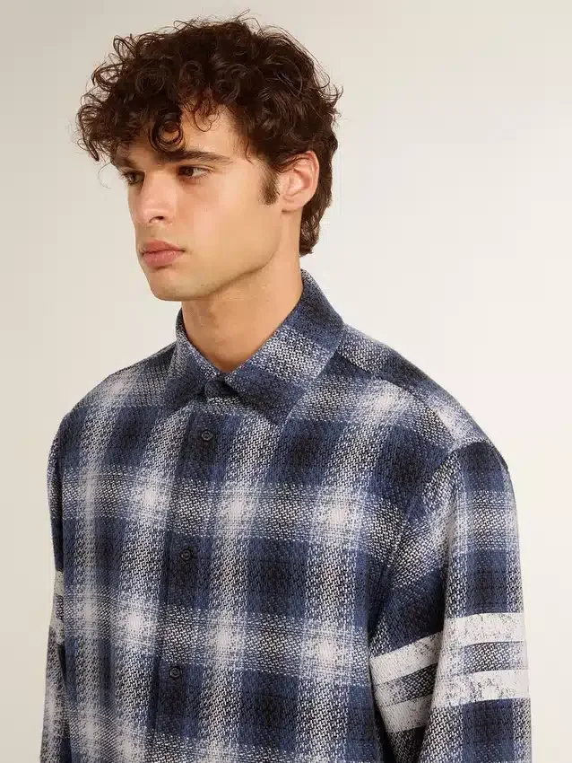 Chemise bleue à carreaux 3D pour homme avec imprimé dans le dos