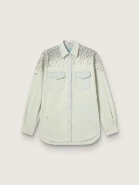 Chemise « boyfriend » délavée pour femme, ornée de cristaux cabochons