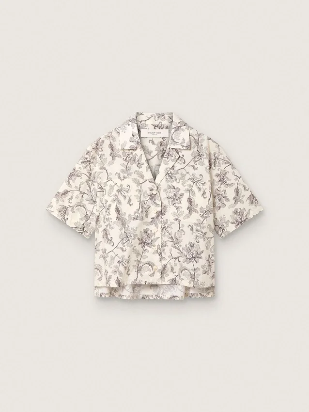 Chemise carrée en coton pour femme à imprimé floral noir et blanc