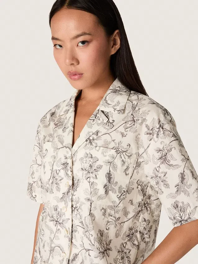 Chemise carrée en coton pour femme à imprimé floral noir et blanc