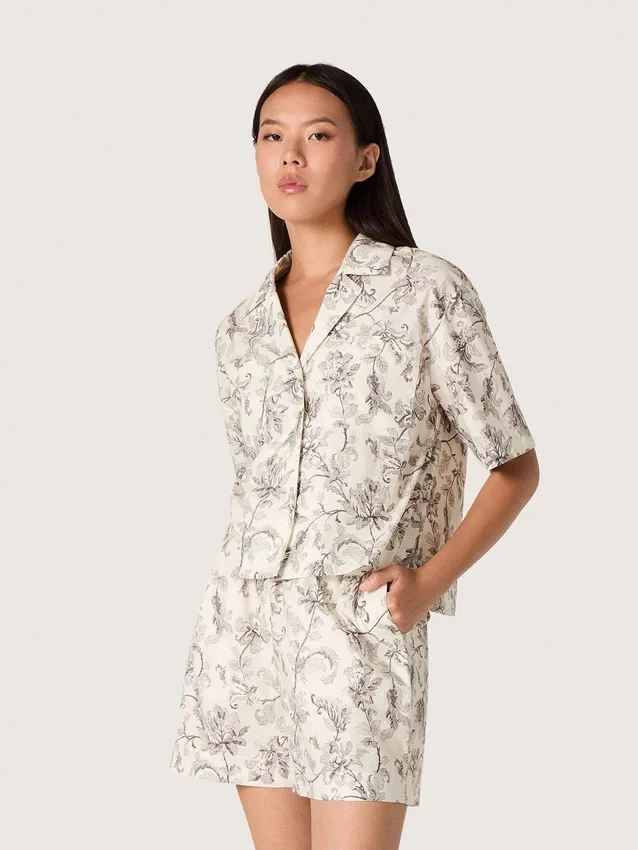 Chemise carrée en coton pour femme à imprimé floral noir et blanc