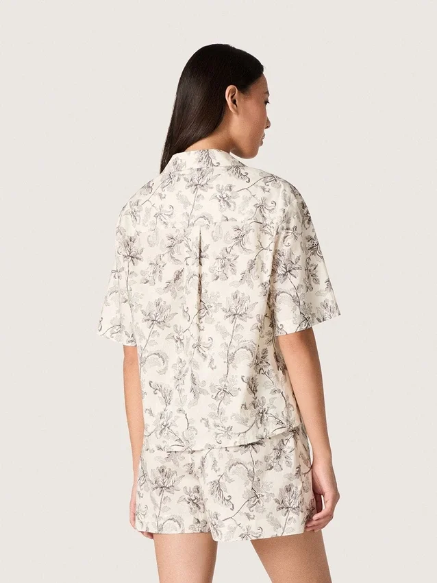 Chemise carrée en coton pour femme à imprimé floral noir et blanc