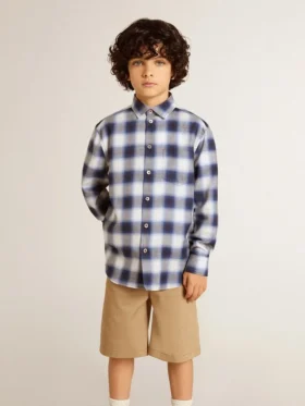 Chemise à carreaux bleus et blancs pour garçons avec imprimé dans le dos