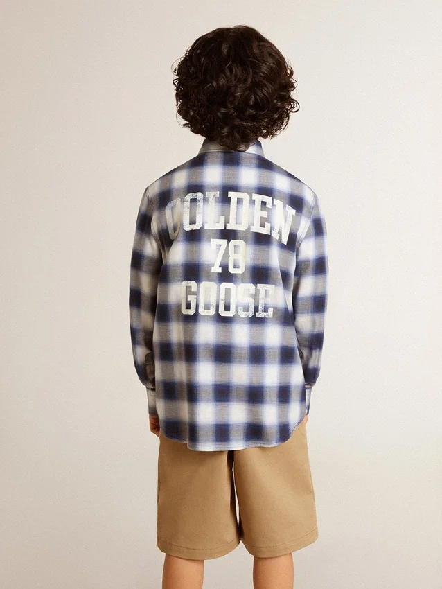 Chemise à carreaux bleus et blancs pour garçons avec imprimé dans le dos