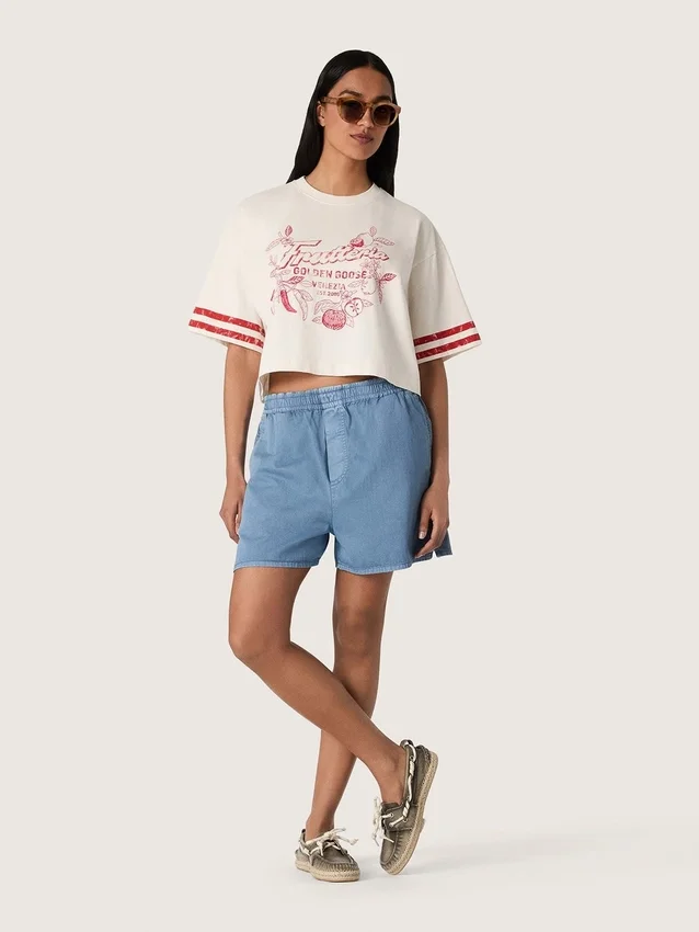 Chemise court pour femme en coton blanc avec imprimé et broderie