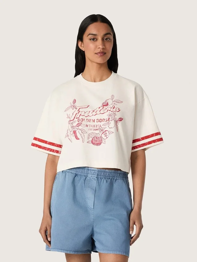 Chemise court pour femme en coton blanc avec imprimé et broderie