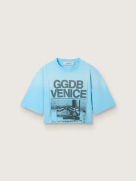 Chemise court pour femme en jersey de coton bleu clair avec imprimé graphique