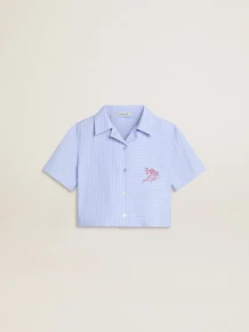 Chemise courte pour fille en coton rayé bleu clair