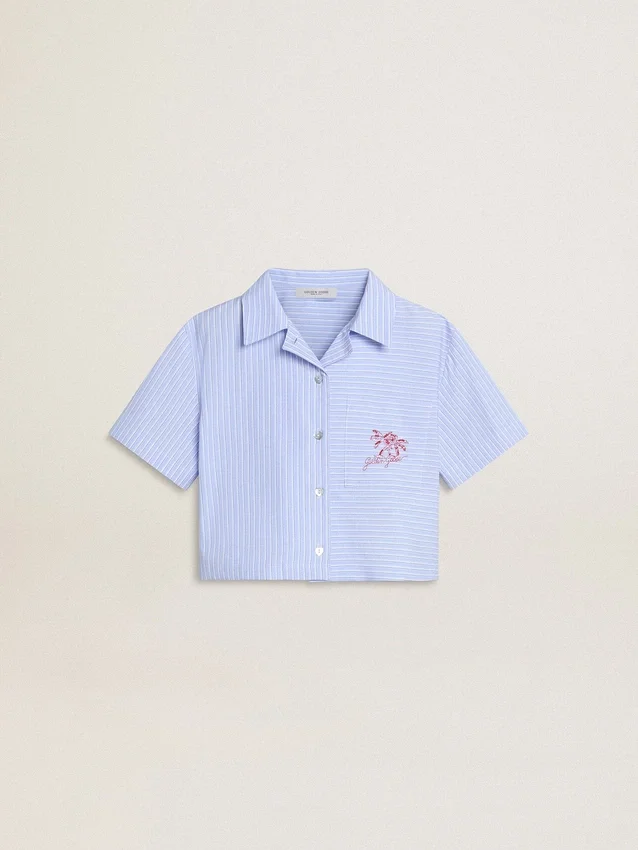 Chemise courte pour fille en coton rayé bleu clair