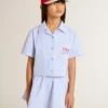 Chemise courte pour fille en coton rayé bleu clair